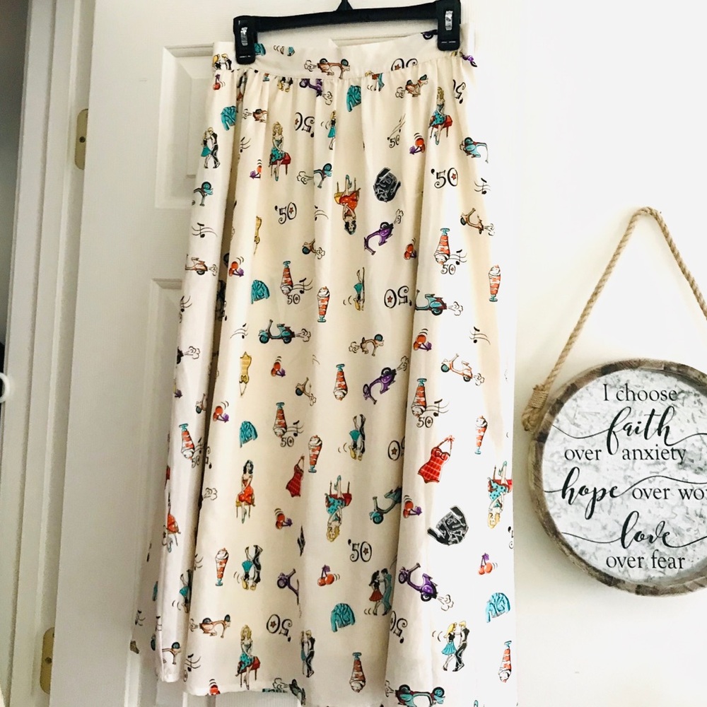Cream Vintage Print Midi Skirt